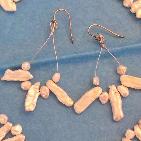 Freshwater Stick Pearl Necklace and Earrings Set Vintage 1980s T-Clasp - Picture 6 of 14